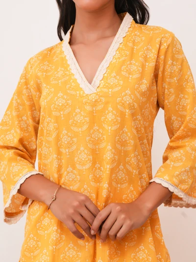 Yellow Lace Detailed Jaipur Cotton Kurta