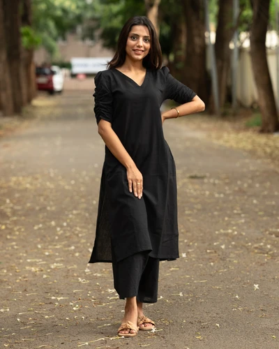 Solid Black Cotton Kurta