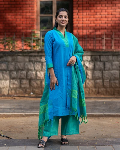 Blue Mangalgiri Handloom Cotton Kurta Set with Dupatta