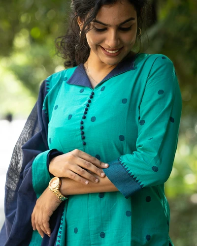 Green Mangalgiri Handloom Cotton Kurta Set with Dupatta