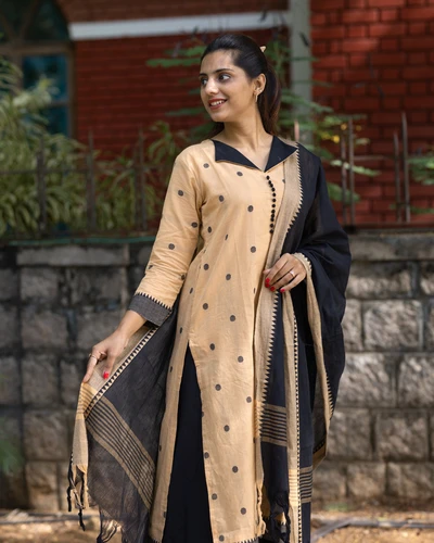 Beige Mangalgiri Handloom Cotton Kurta Set with Dupatta