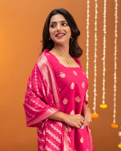 Fusica Pink Banaras Suit Set with Dupatta