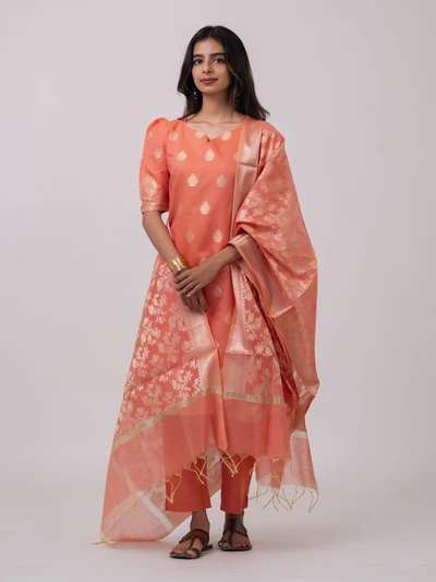 Peach Banaras Suit Set with Dupatta
