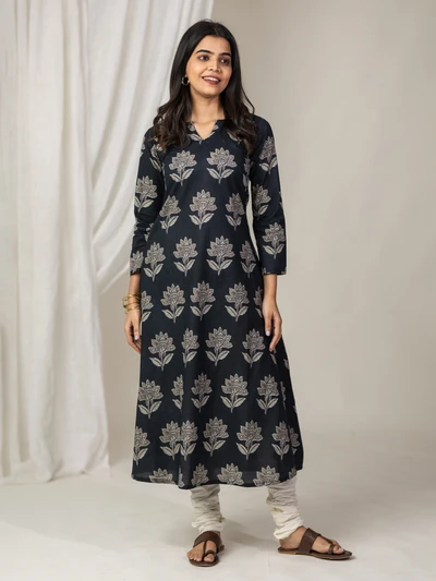 Black Ajrak Printed A-line Kurta