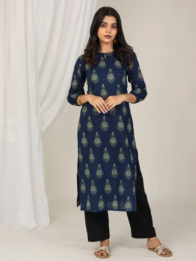 Navy Blue Ajrakh Printed Cotton Kurti