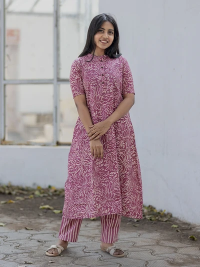 Pink Cherry Floral Kurta Set