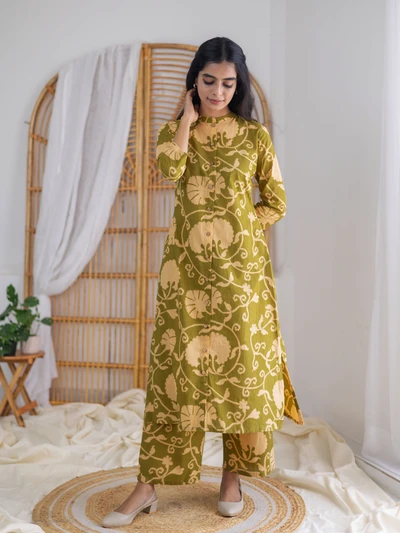 Olive Green Floral Kurta Set