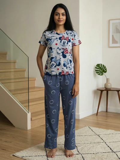 Grey Mickey Soft Cotton Pyjama Set For Women