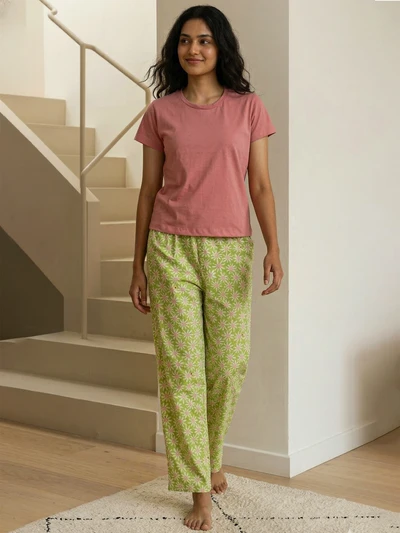 Peach Flower Soft Cotton Pyjama Set For Women