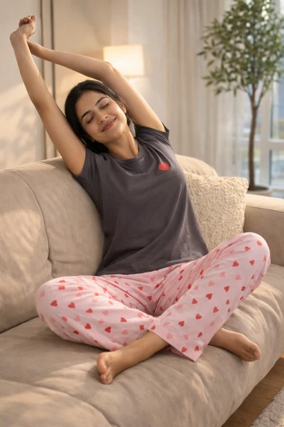 Pink Hearts Soft Cotton Pyjama Set For Women