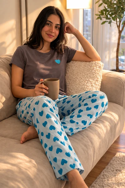 Blue Hearts Soft Cotton Pyjama Set For Women