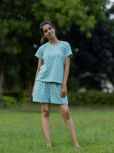 Minty Polka Soft Cotton Shorts Set