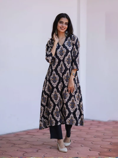 Black Ikkat Printed Cotton Kurta Set