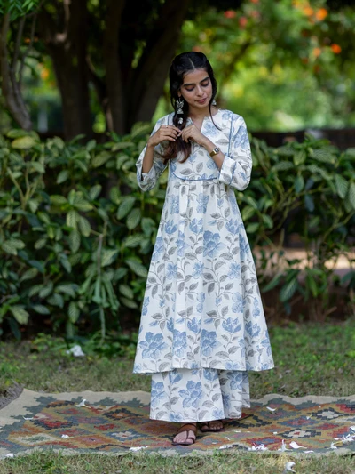 Blue Floral Printed Cotton Kurta Set