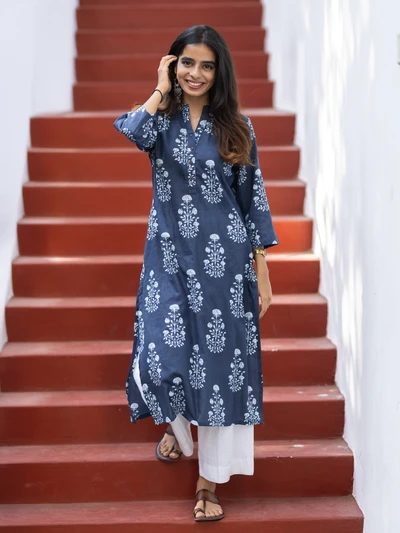 Indigo Blue Floral Cotton Kurta