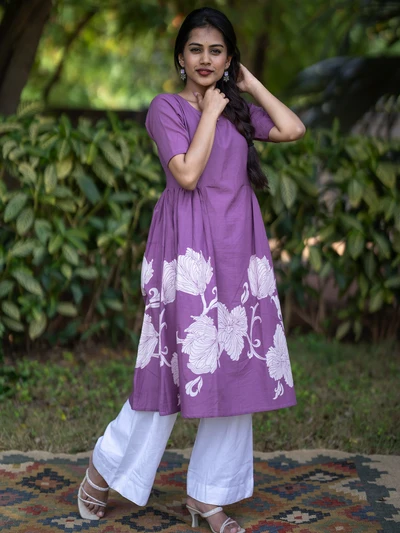 Plum Purple Floral A-Line Kurta
