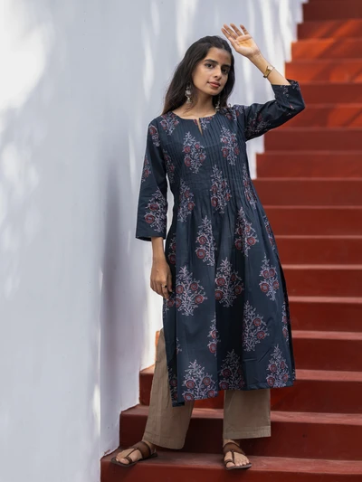Blue Ajrak Floral Printed Kurta