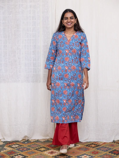 Blue Floral Cotton Kurti