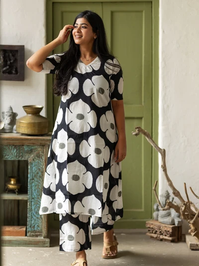 Black with White Floral Kurta Set