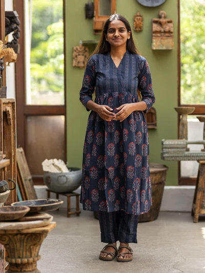 Striped Blue Blossom Kurta Set