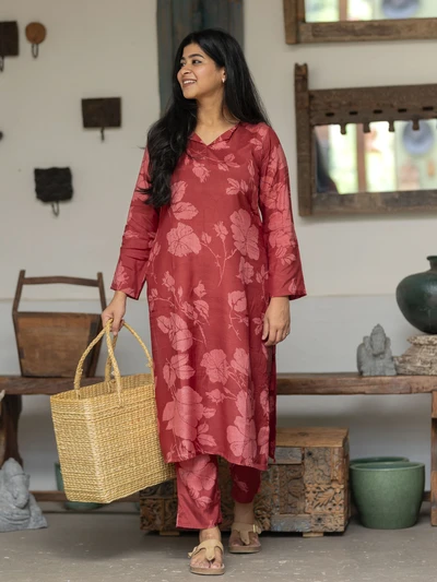 Modal Red Bloom Floral Kurta Set