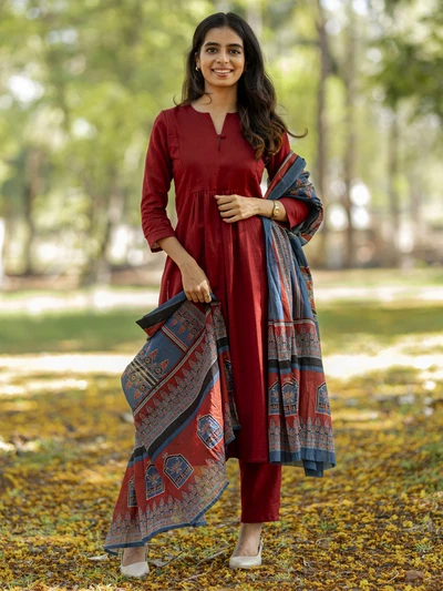 Classy Solid Maroon Kurta Set with Dupatta