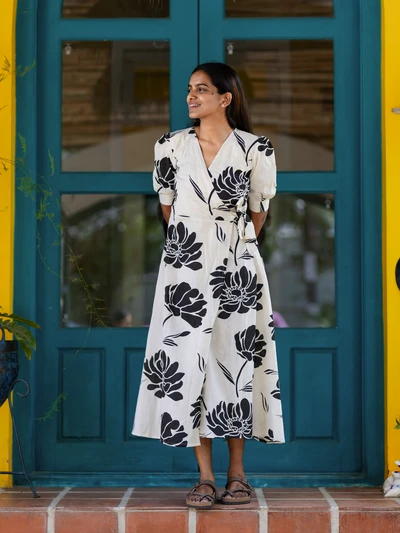 Monochrome Floral Printed Wrap Dress