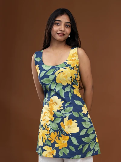 Blue With Yellow Blossom Short Top