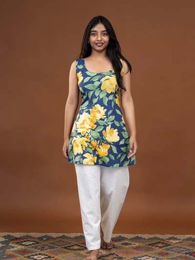 Blue With Yellow Blossom Short Top