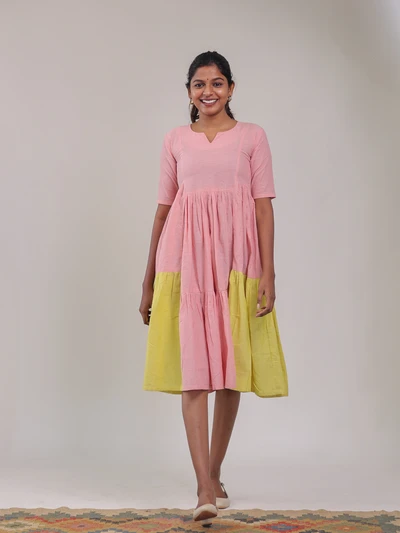 Pink & Yellow Colour Block Solid Dress