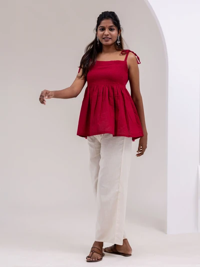 Maroon Checked Woven Short Top