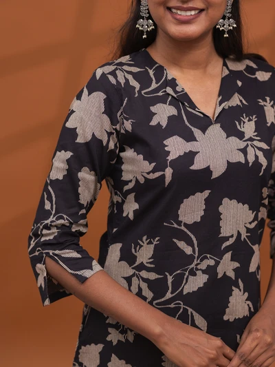 Black Striped Floral Kurta Set
