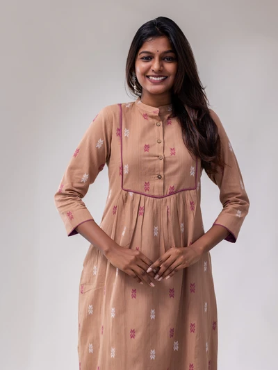 Cream Plum Handloom Butta Kurta Set