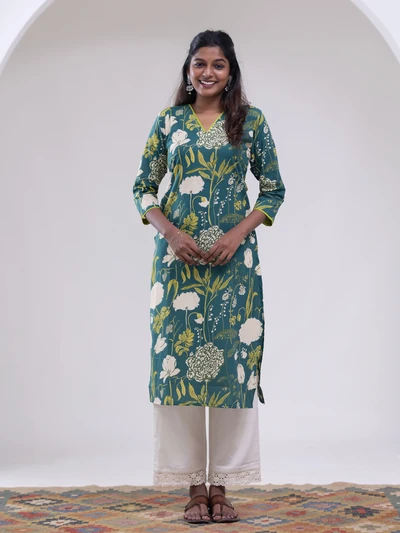 Emerald Green Tropical Printed Kurta