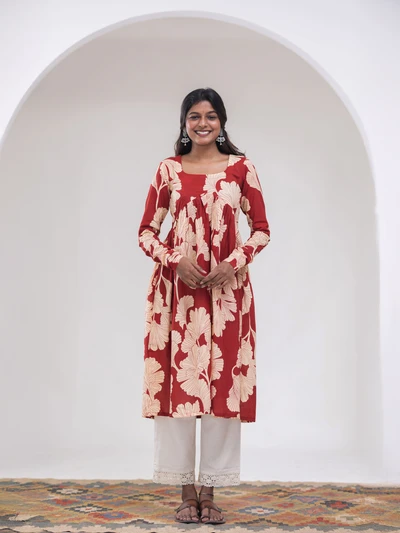 Maroon Big Sandal Striped Floral Printed Kurta