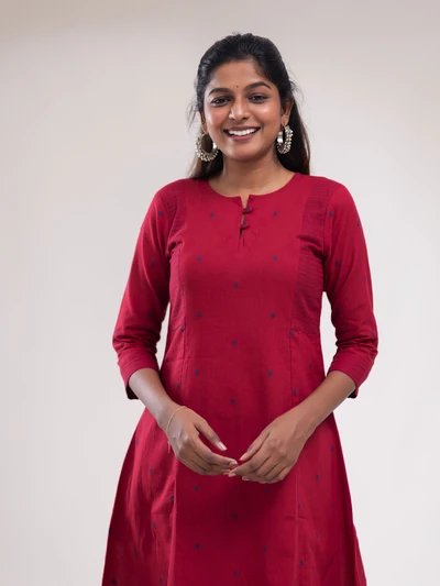 Red & Blue Butta Striped Handloom Kurta Set