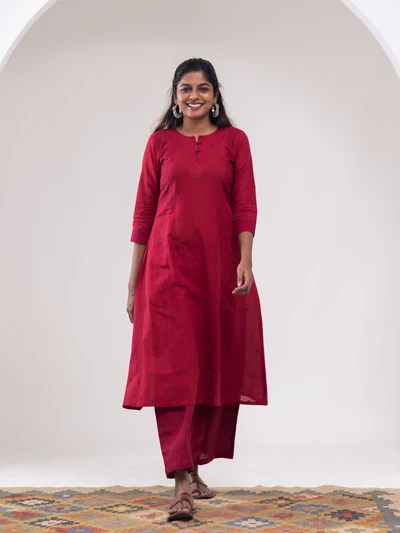 Red & Blue Butta Striped Handloom Kurta Set