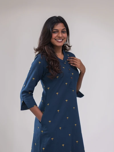Blue With Yellow Lotus Handloom Kurta Set