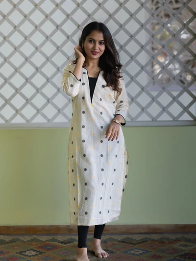 Ivory Polka Dots Handloom Kurta