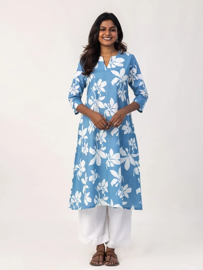 Blue White Floral Printed Kurta