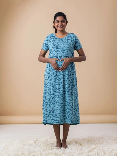 Blue Doodling - Cotton Maternity Lounge Dress