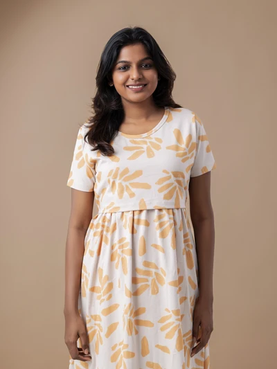 Cream Leafy Leaf - Cotton Maternity Lounge Dress