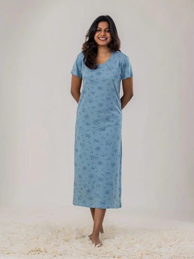 Blue Fern Leaf - Cotton Lounge Dress