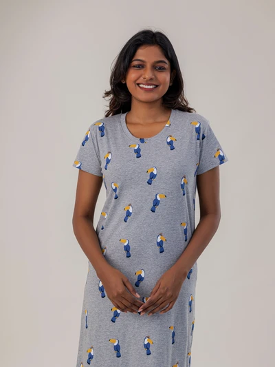 Grey Toucan Bird - Cotton Lounge Dress