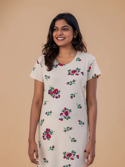 Cream Floral - Cotton Lounge Dress