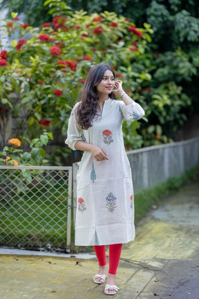 Green Stripe Blossom Printed Kurta
