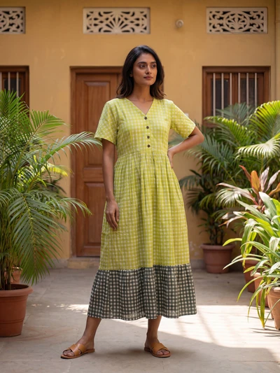 Green Olive Check Maternity Dress