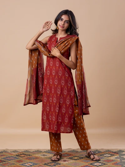 Rust Orange Ikkat Suit Set