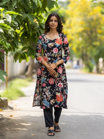 Black Vibrant Floral Kurta Set