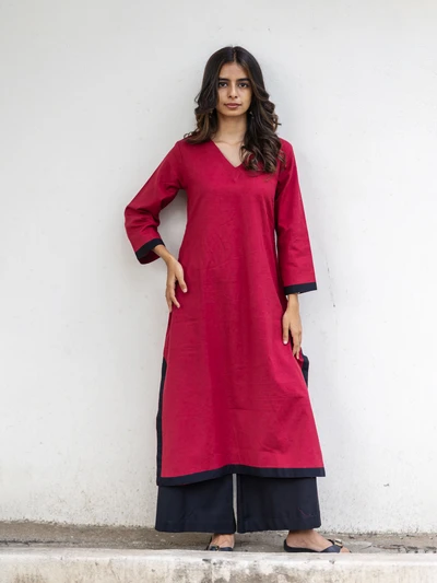 Red Colour Block Kurta Set